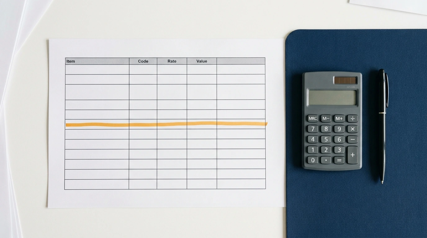 Barème tarifaire officiel et calculatrice posés sur un bureau