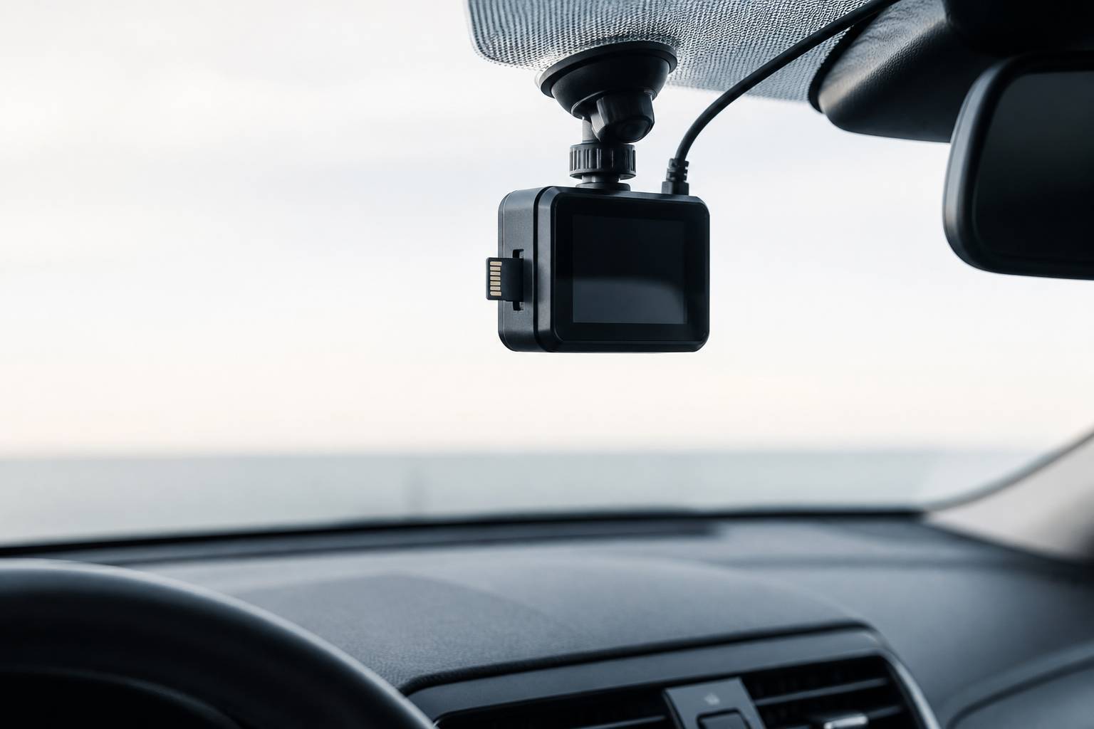 Dashcam compacte au pare-brise avec carte mémoire et câble branché