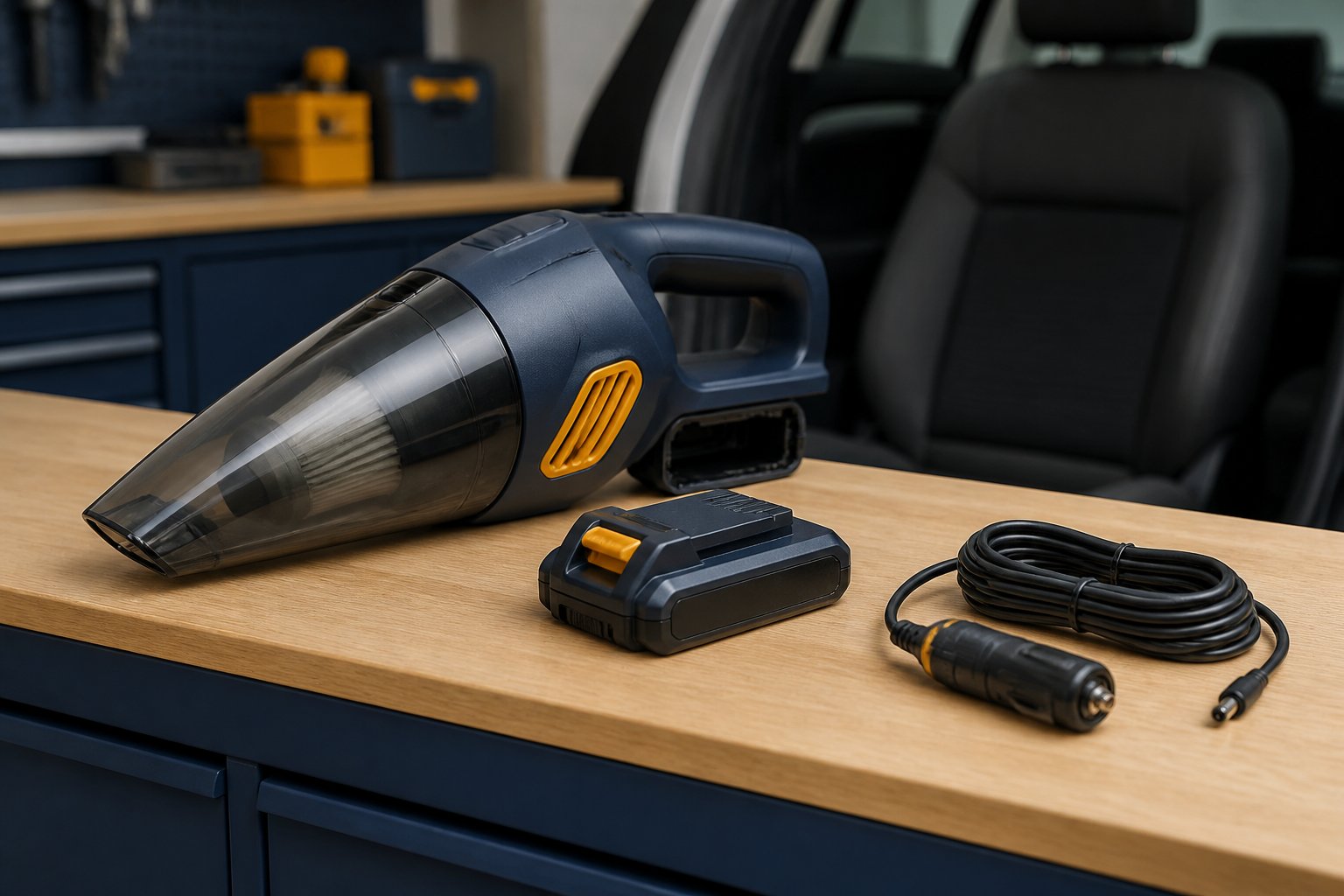 Aspirateur sans fil sobre avec batterie amovible et adaptateur allume-cigare sur un plan de garage