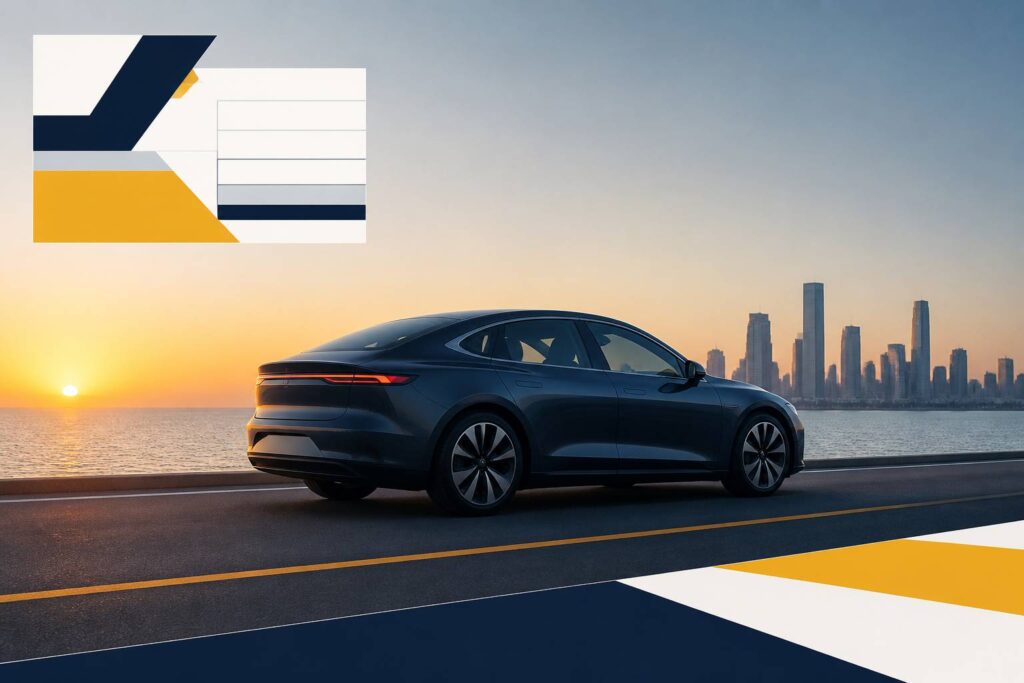 Berline électrique moderne sur une route au crépuscule