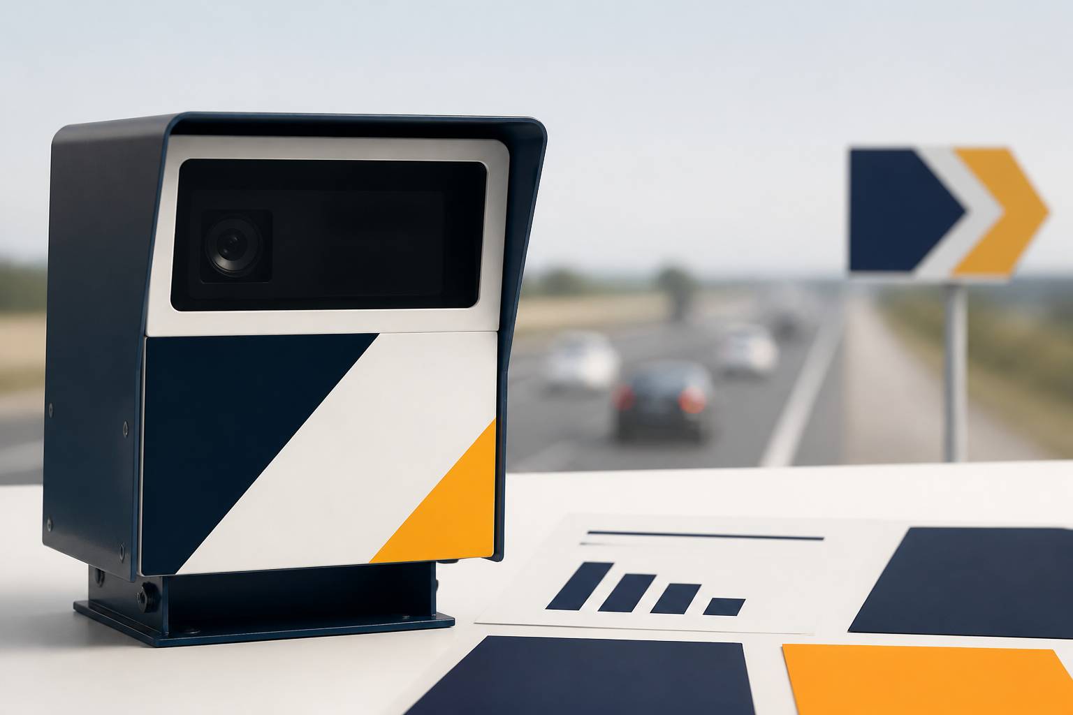 Boîtier de contrôle de vitesse posé sur une surface claire, objectif orienté vers la route