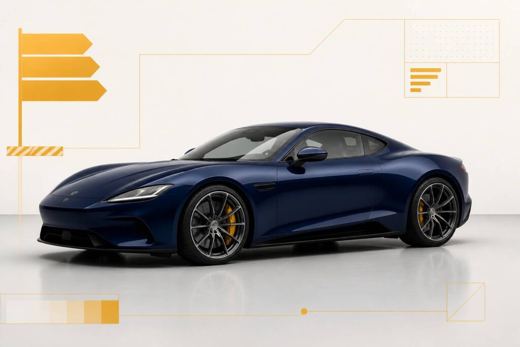 Voiture de sport bleu nuit à la silhouette fuselée en studio