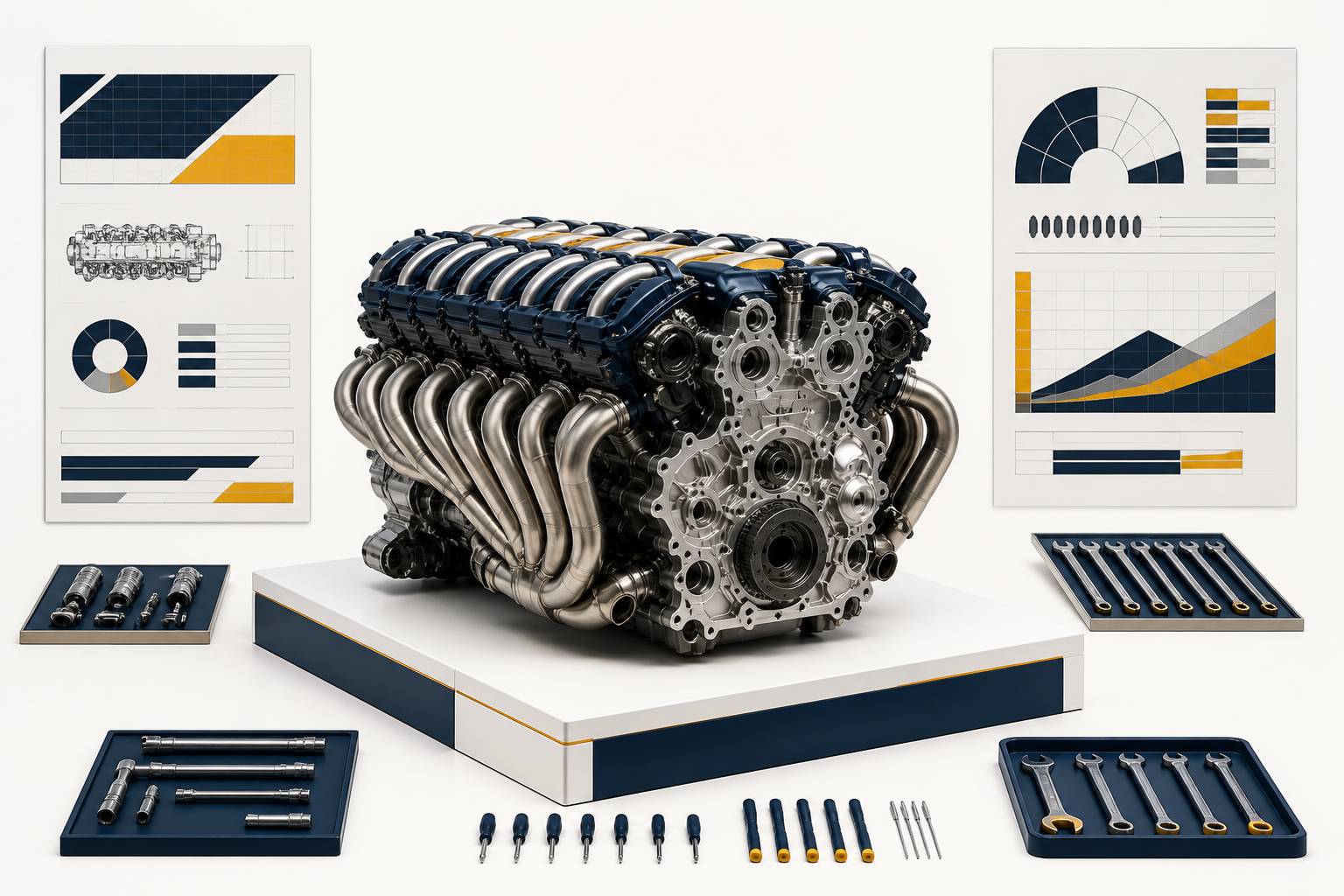 Moteur W16 stylisé sans marquage sur support de présentation