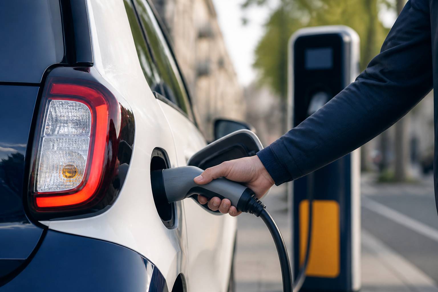 Câble de recharge branché sur une voiture électrique urbaine