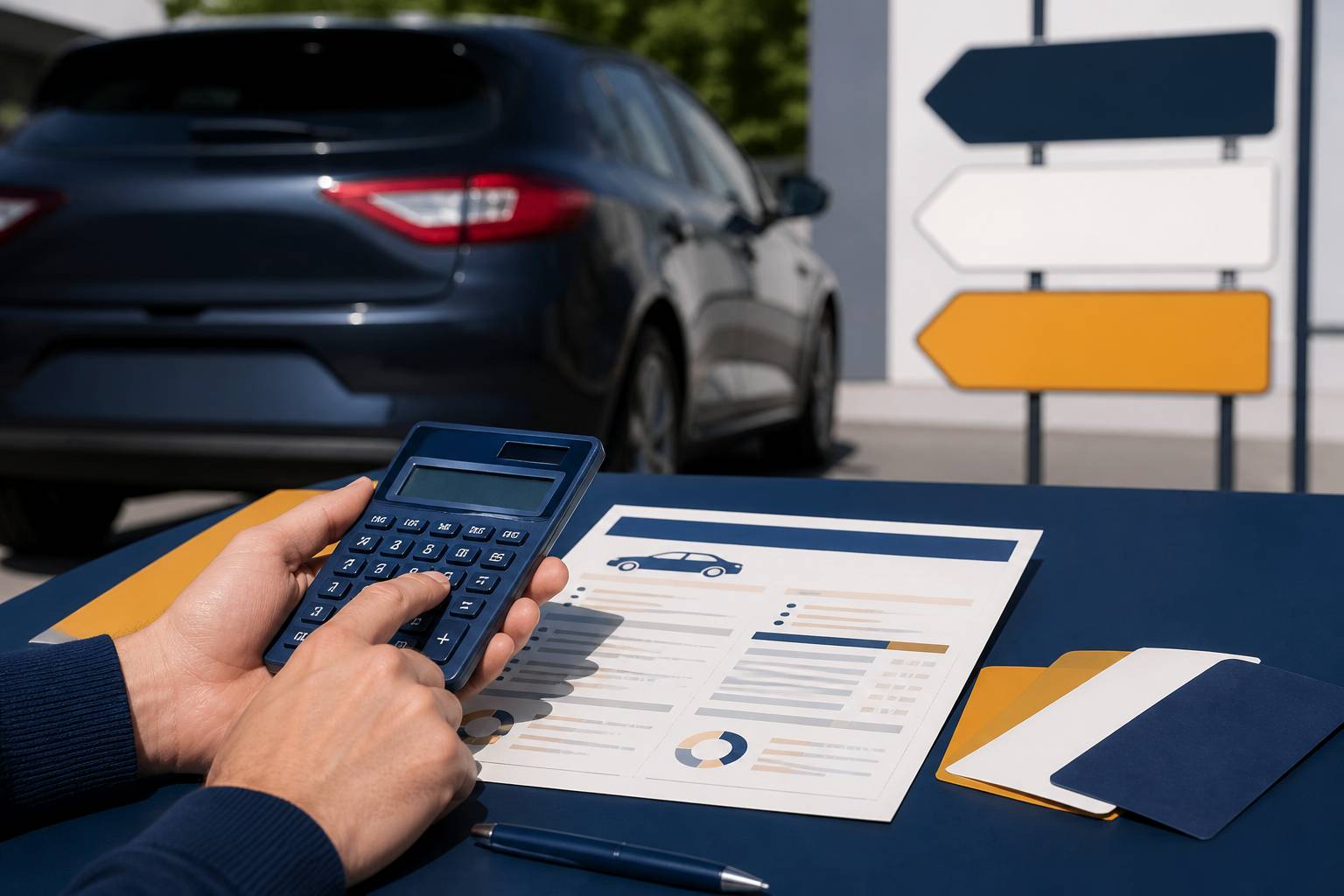 Mains tenant une calculatrice au-dessus d'un document
