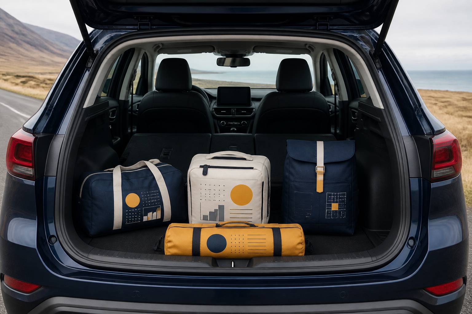 Coffre de crossover ouvert avec sacs de voyage et banquette rabattue