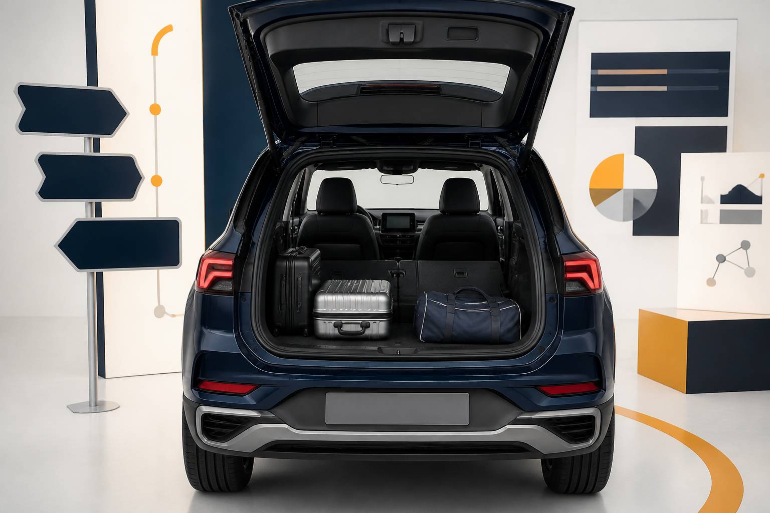 Coffre ouvert de SUV compact avec banquette coulissante et bagages