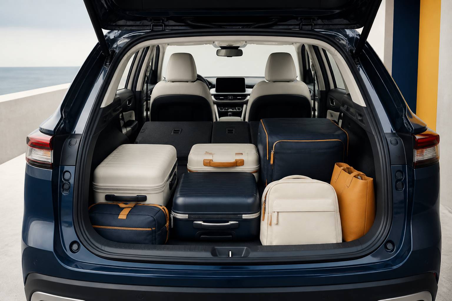 Coffre ouvert d'un SUV compact avec valises et sacs rangés dans le volume de chargement