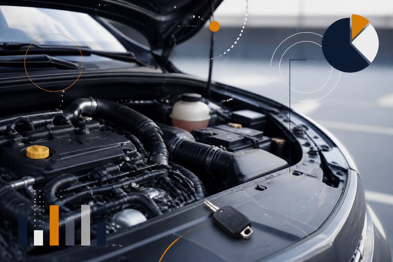 Compartiment moteur ouvert d'une petite citadine avec moteur essence propre et capot levé