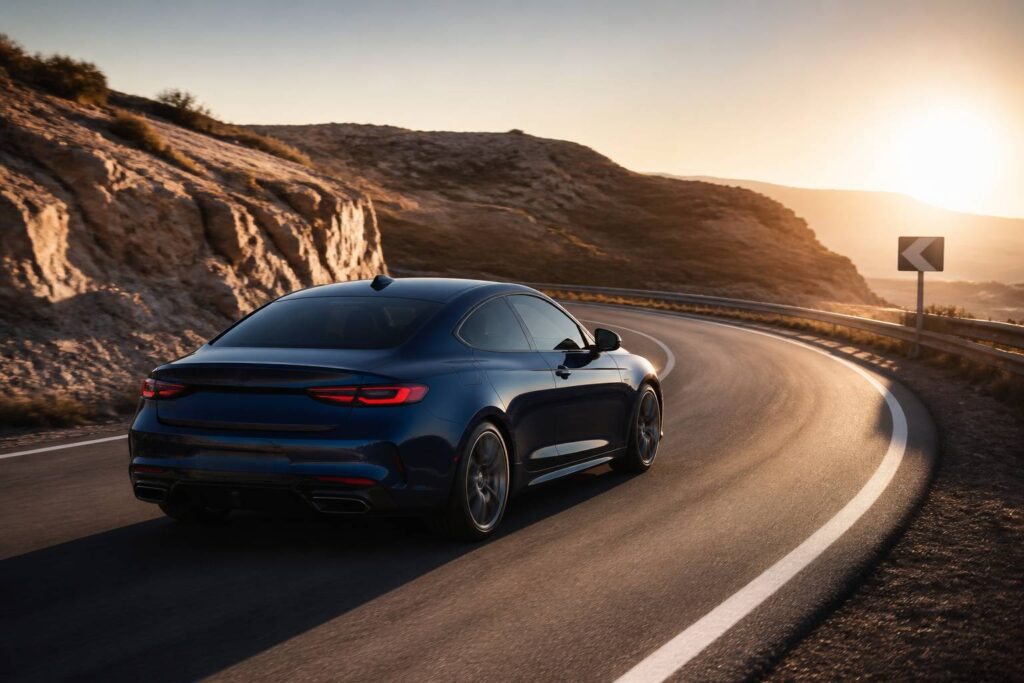 Coupé sport compact bleu foncé sans marque sur une route de montagne sinueuse