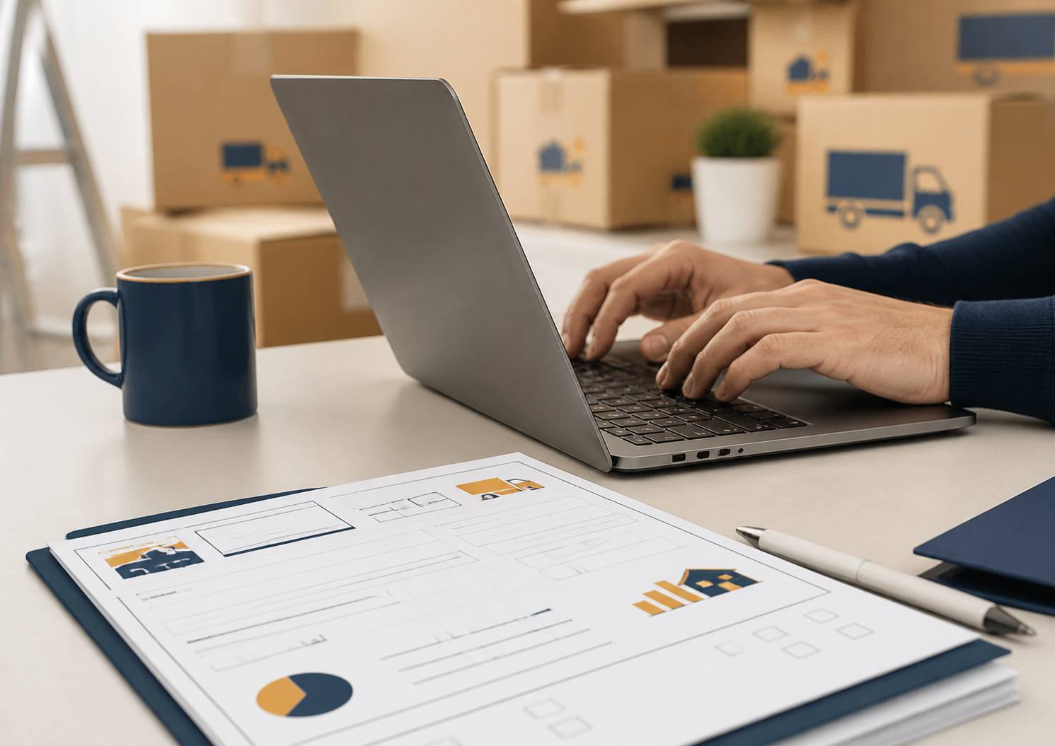 Mains tapant sur un clavier avec des cartons de déménagement