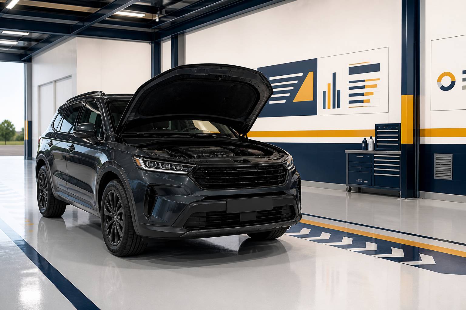 SUV gris anthracite capot ouvert dans un atelier technique