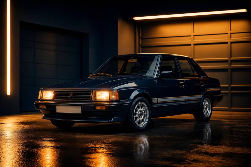 Berline compacte sportive générique des années 1980 devant un garage