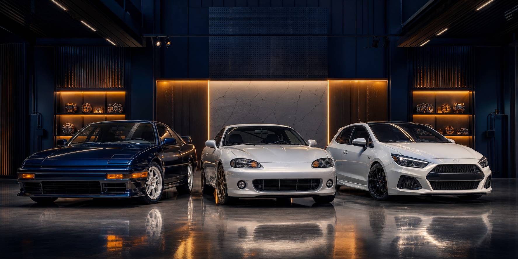 Trois compactes sportives génériques de trois époques alignées en garage