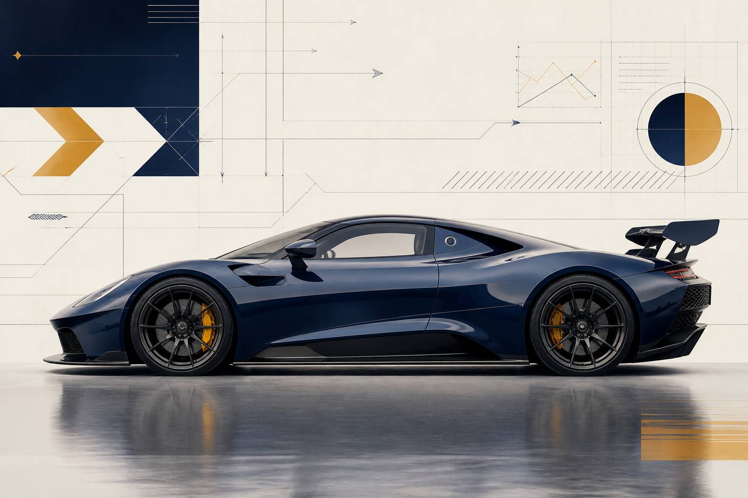 Profil bas d'une hypercar avec un aileron et des lignes aérodynamiques, studio sombre