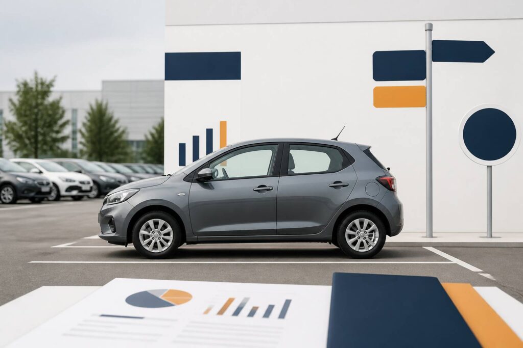 Citadine compacte générique grise garée devant une concession automobile neutre