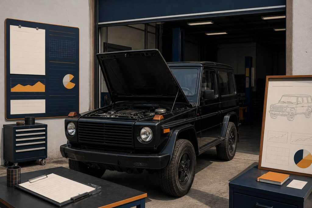 SUV Mercedes Classe G noir devant un atelier de mécanique