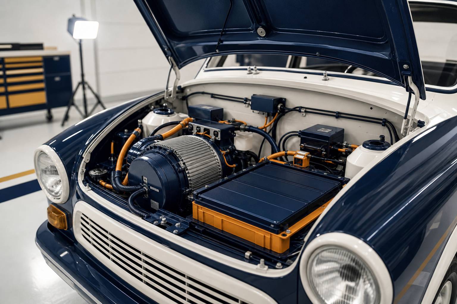 Compartiment moteur ouvert montrant un moteur électrique et une batterie