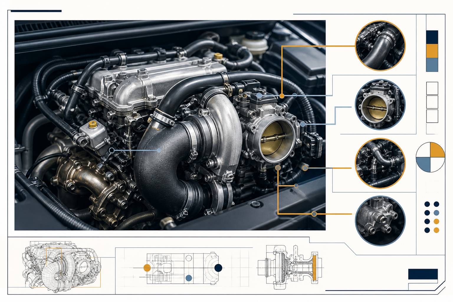 Moteur turbo dans un compartiment moteur ouvert avec durites et collecteur