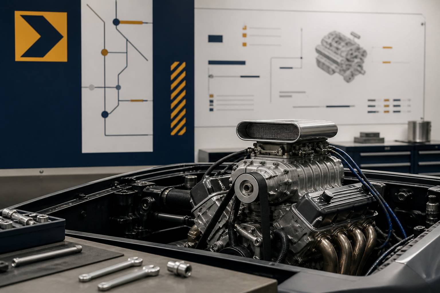 Moteur V8 avec compresseur dans un compartiment ouvert