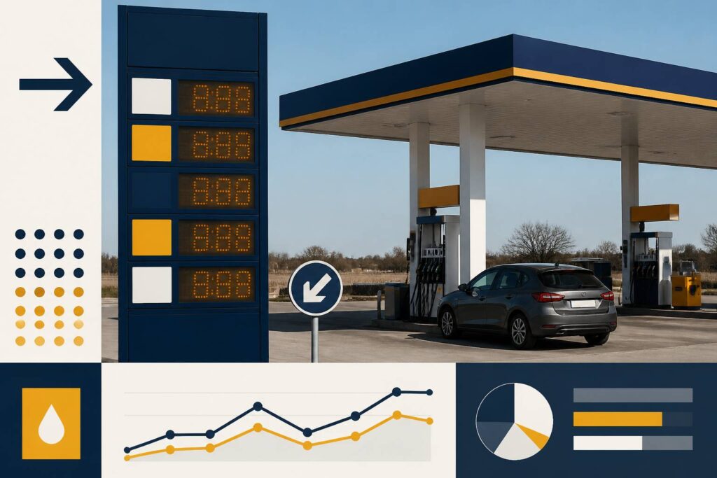 Station-service avec totem de prix et voiture à la pompe