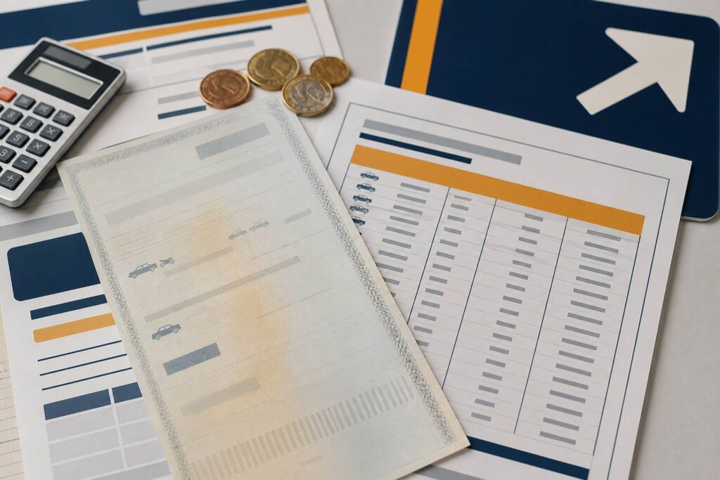 Certificat d'immatriculation avec calculatrice et pièces
