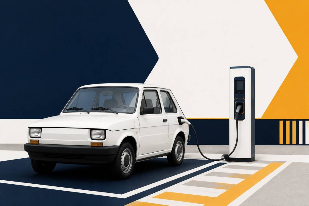 Petite voiture rétro blanche branchée à une borne de recharge