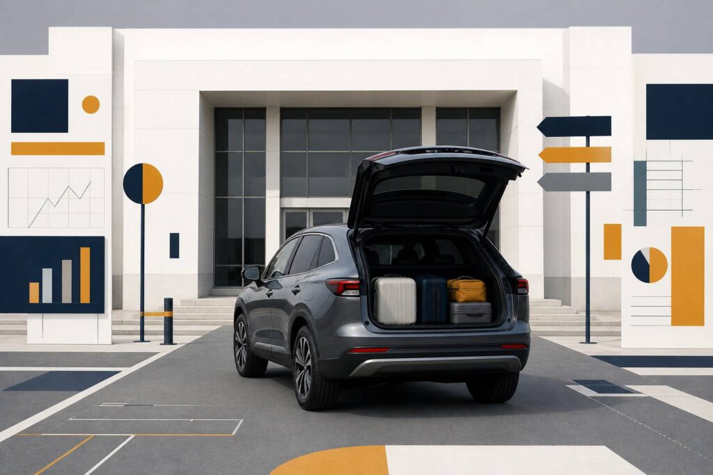 Crossover à toit fuyant avec coffre ouvert rempli de bagages