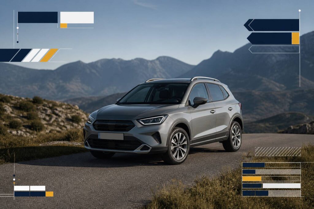 SUV compact gris garé sur une route de campagne avec des montagnes en arrière-plan