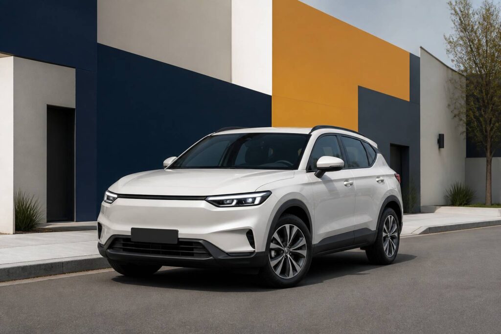 SUV compact clair garé en rue résidentielle sans logo de marque