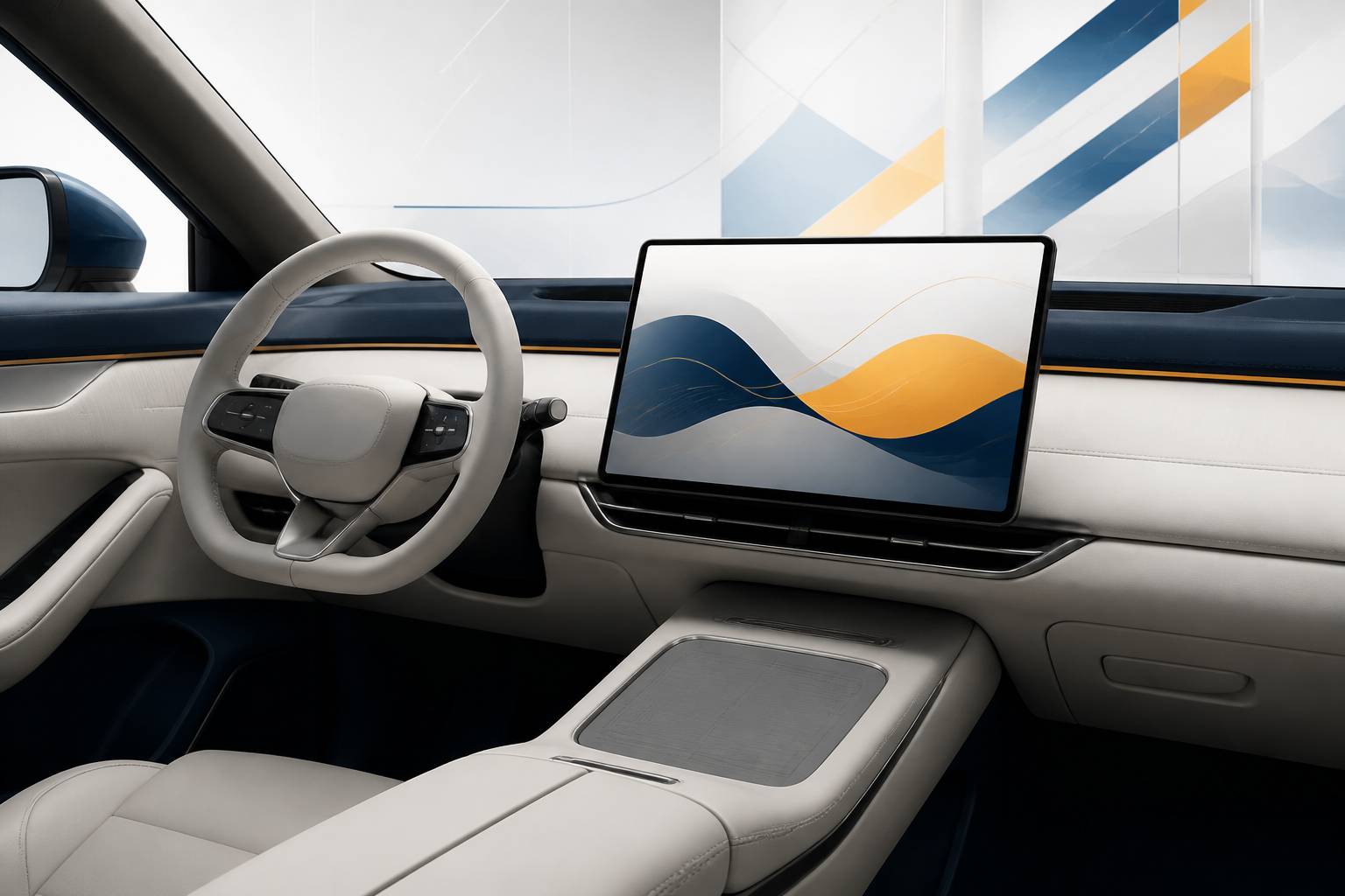 Tableau de bord épuré d'un SUV électrique avec un grand écran central sans texte