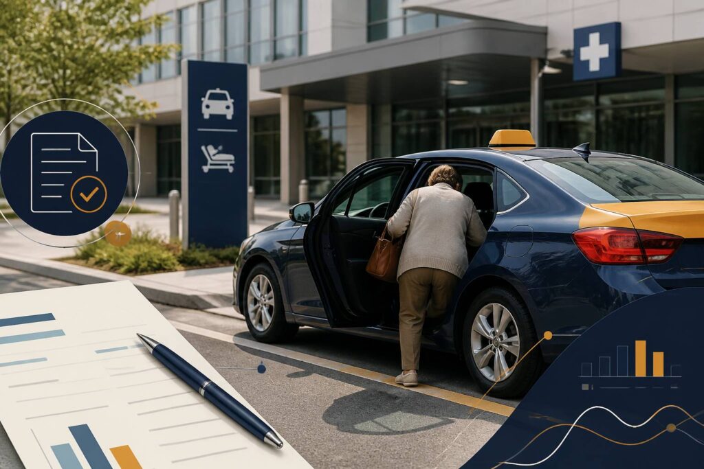 Taxi conventionné garé devant un centre médical