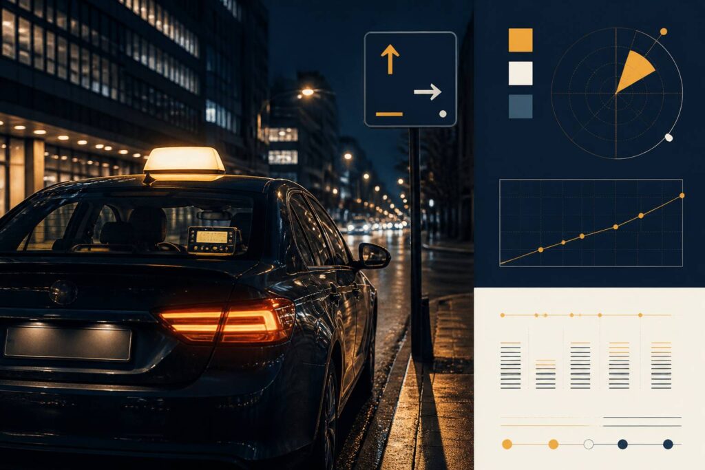 Taxi garé le long d'un trottoir avec enseigne lumineuse