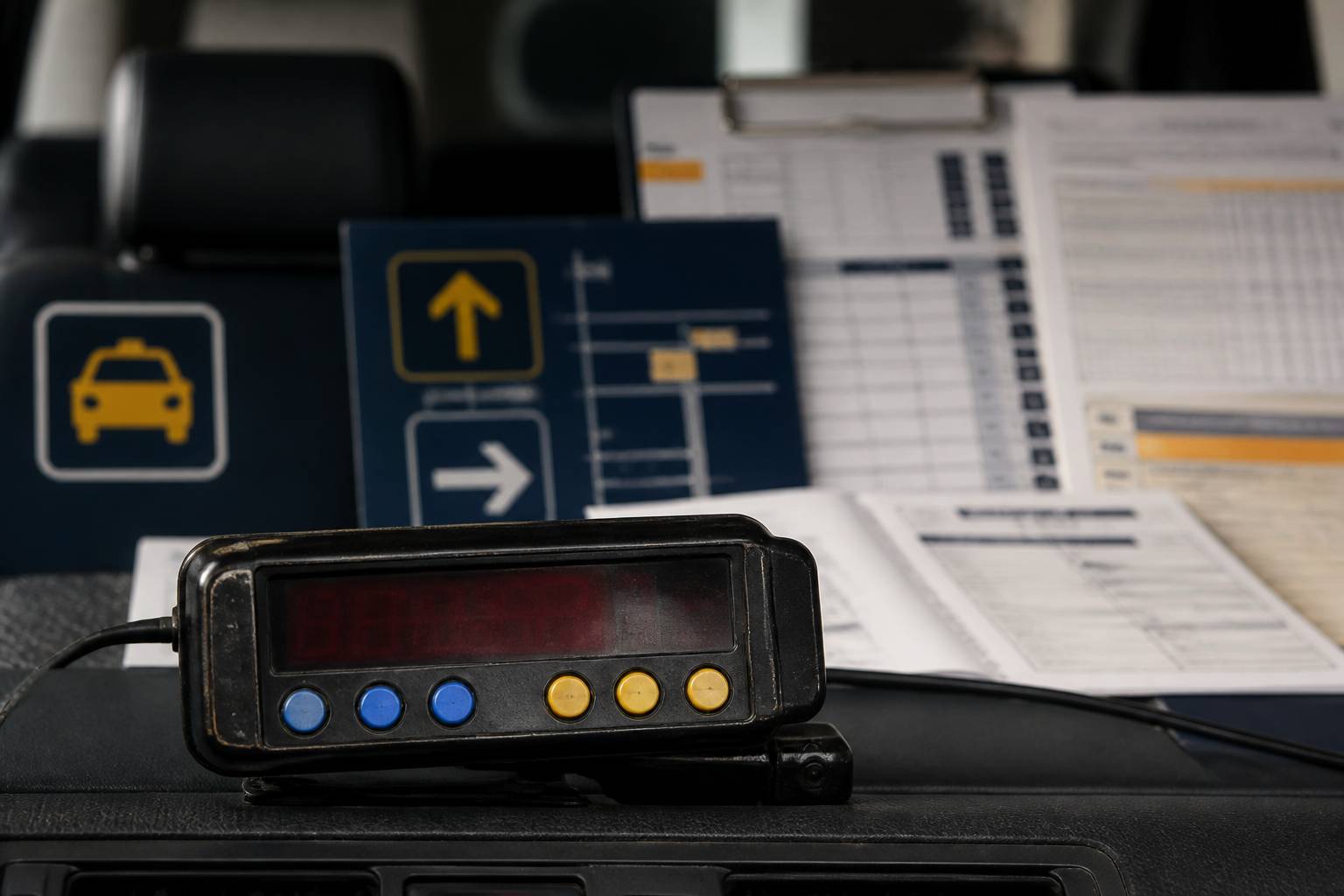 Taximètre fixé sur le tableau de bord d'un taxi
