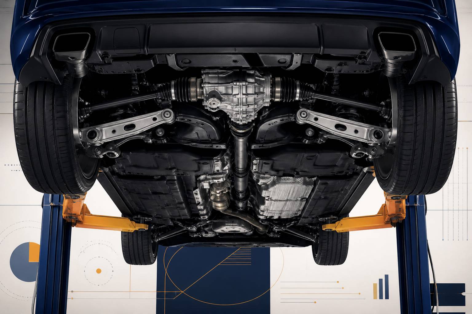 Transmission integrale et cardans visibles sous une compacte sur pont