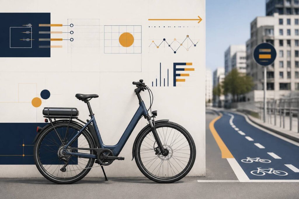 Vélo électrique avec batterie contre un mur en ville