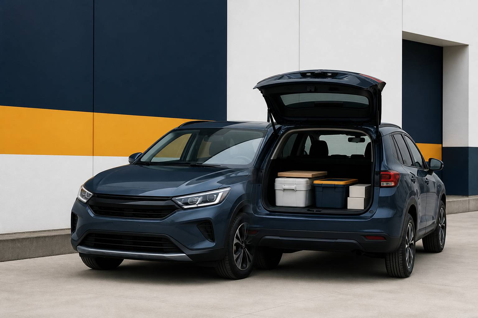 SUV compact générique avec coffre ouvert dans un environnement urbain
