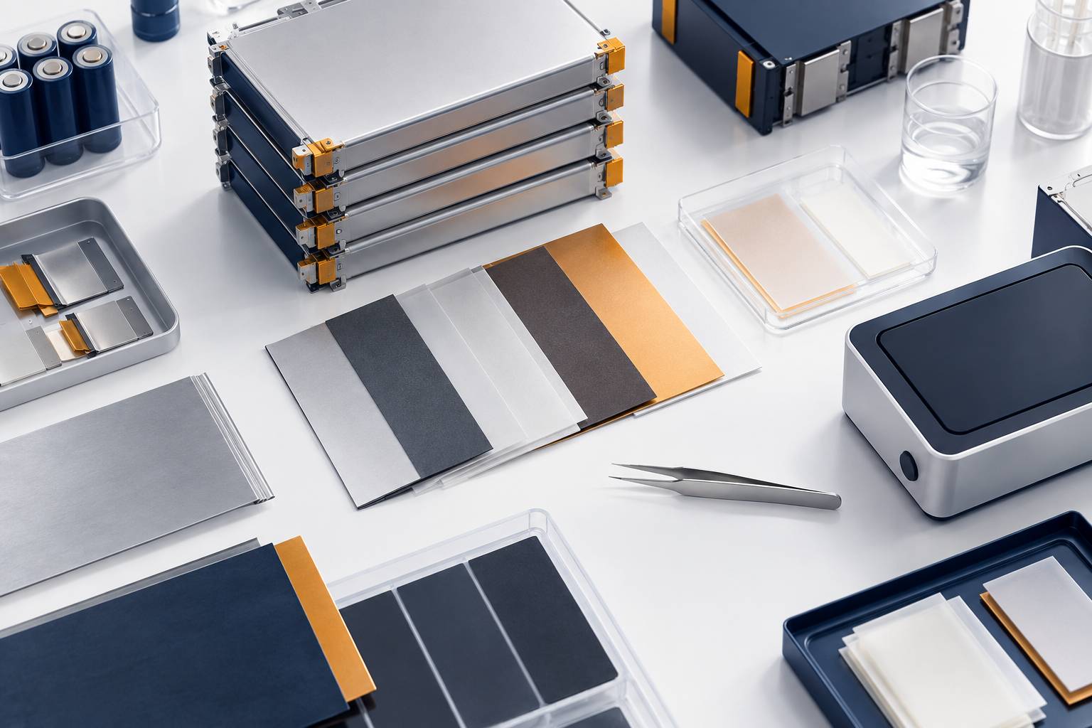 Modules de batterie et electrodes alignes sur une paillasse claire