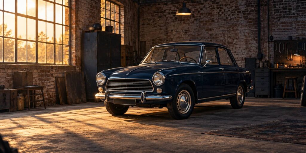Petite berline française ancienne bleu sombre dans un garage en brique