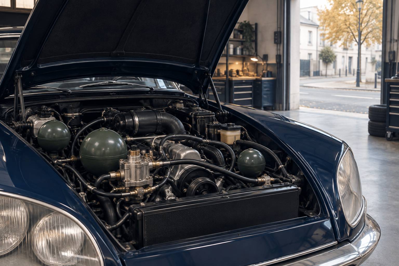 Compartiment moteur classique avec spheres de suspension hydraulique