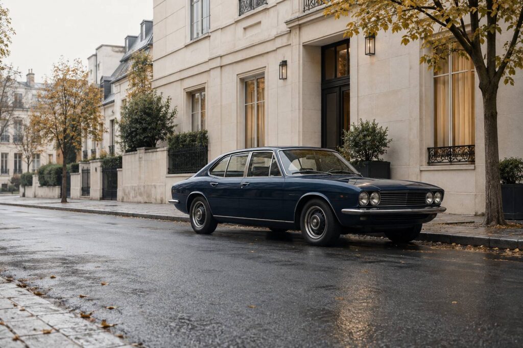 Berline classique generique des annees 1970 stationnee dans une rue calme