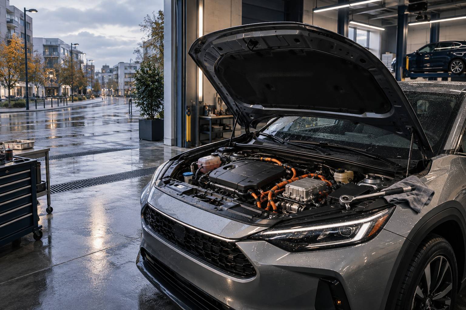 Compartiment moteur hybride ouvert dans un atelier propre sans sigle