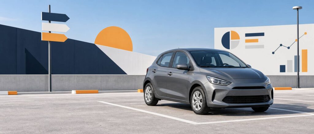 Citadine générique grise sur un parking pour évaluer sa cote