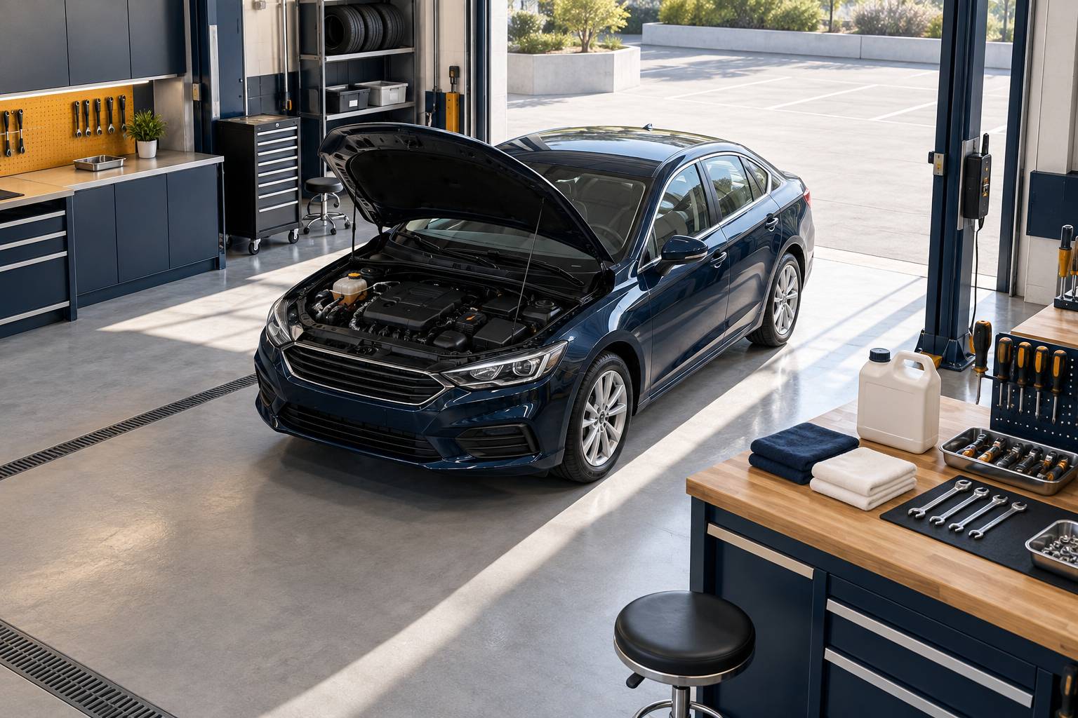 Compartiment moteur propre capot ouvert dans un atelier automobile