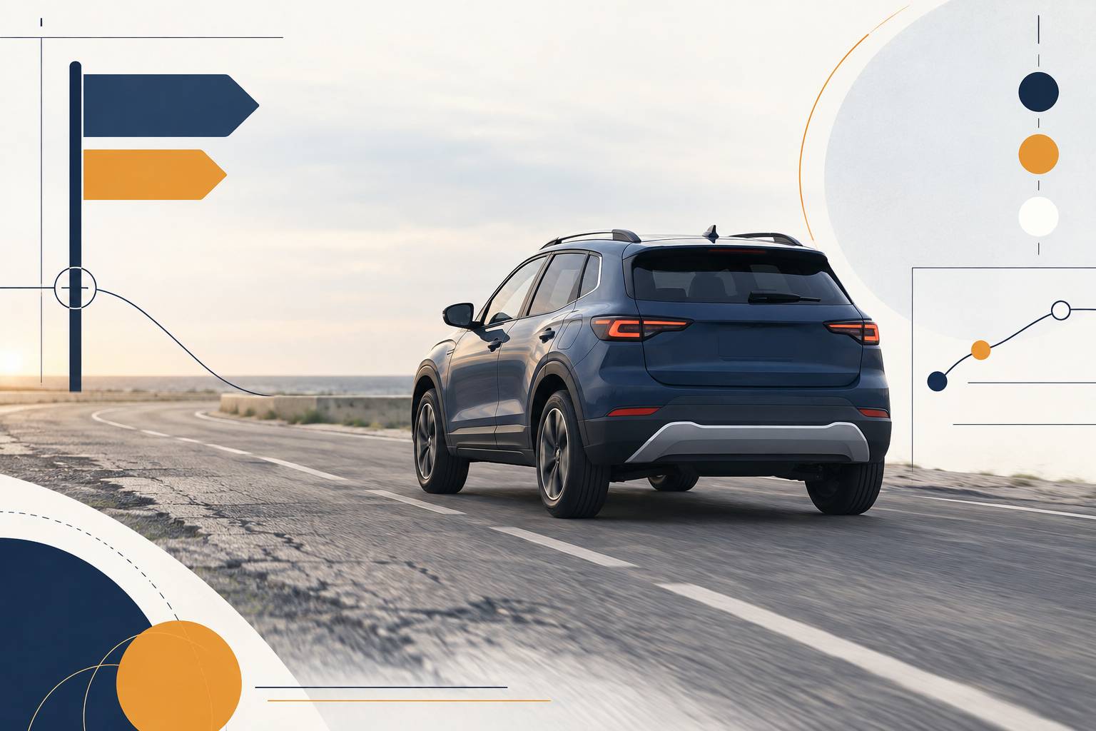Petite voiture crossover générique surélevée stationnée sur un chemin de campagne