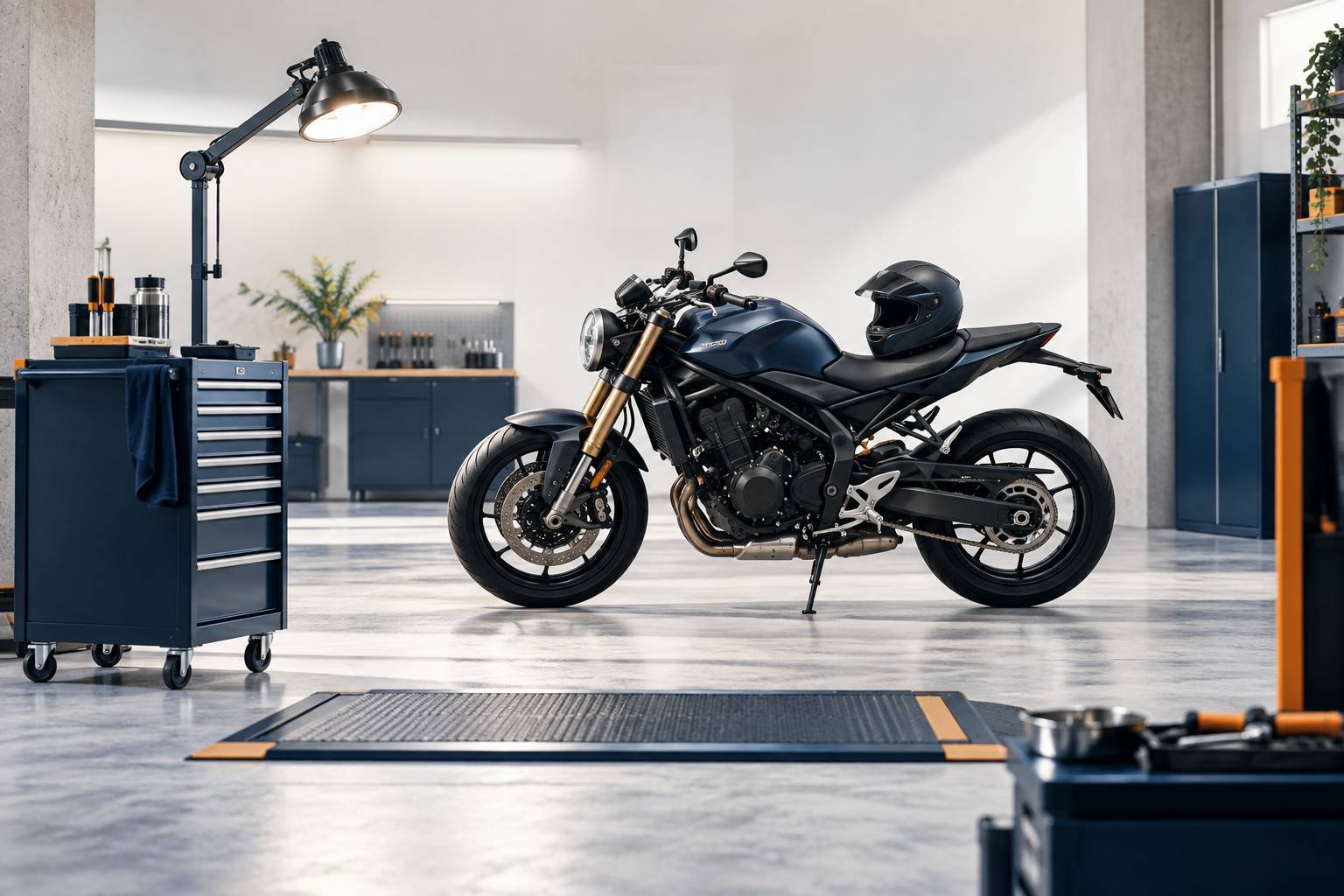 Moto générique immobilisée avec casque sur la selle en aire de contrôle