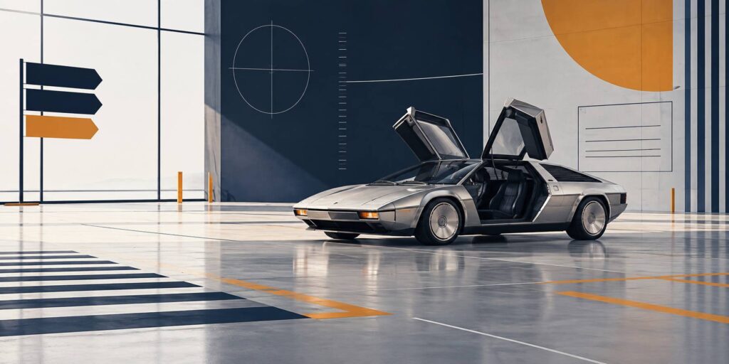 Coupé sportif argenté des années 1980 aux portes papillon ouvertes dans un hangar