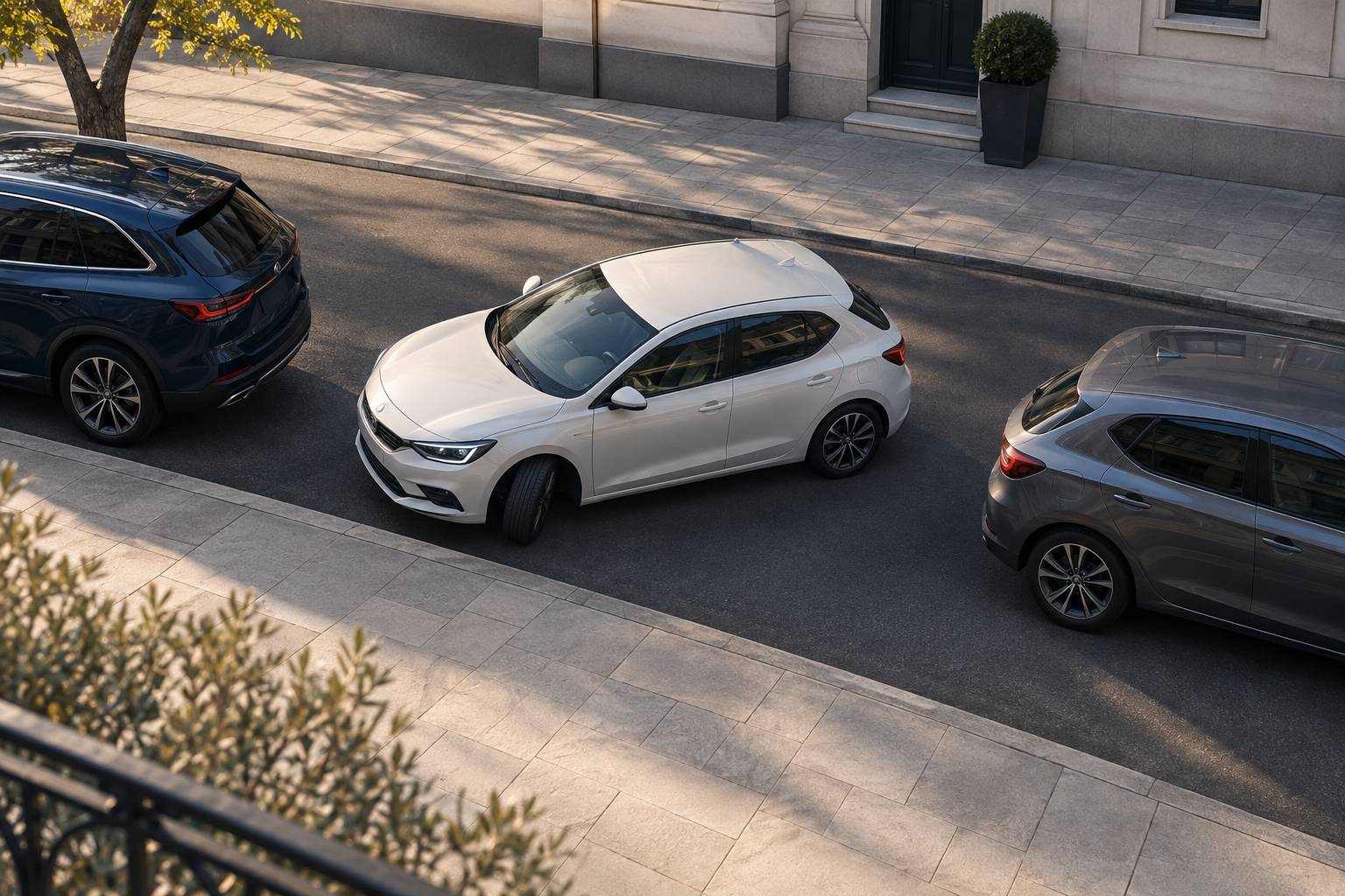 Voiture generique en manoeuvre de stationnement entre deux vehicules anonymes