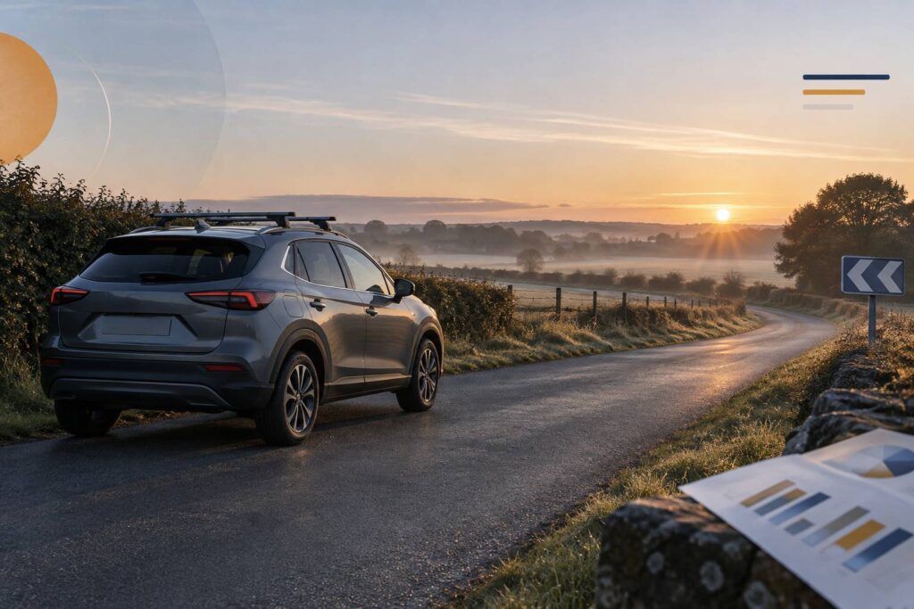 Crossover compact gris stationne sur une route de campagne au petit matin