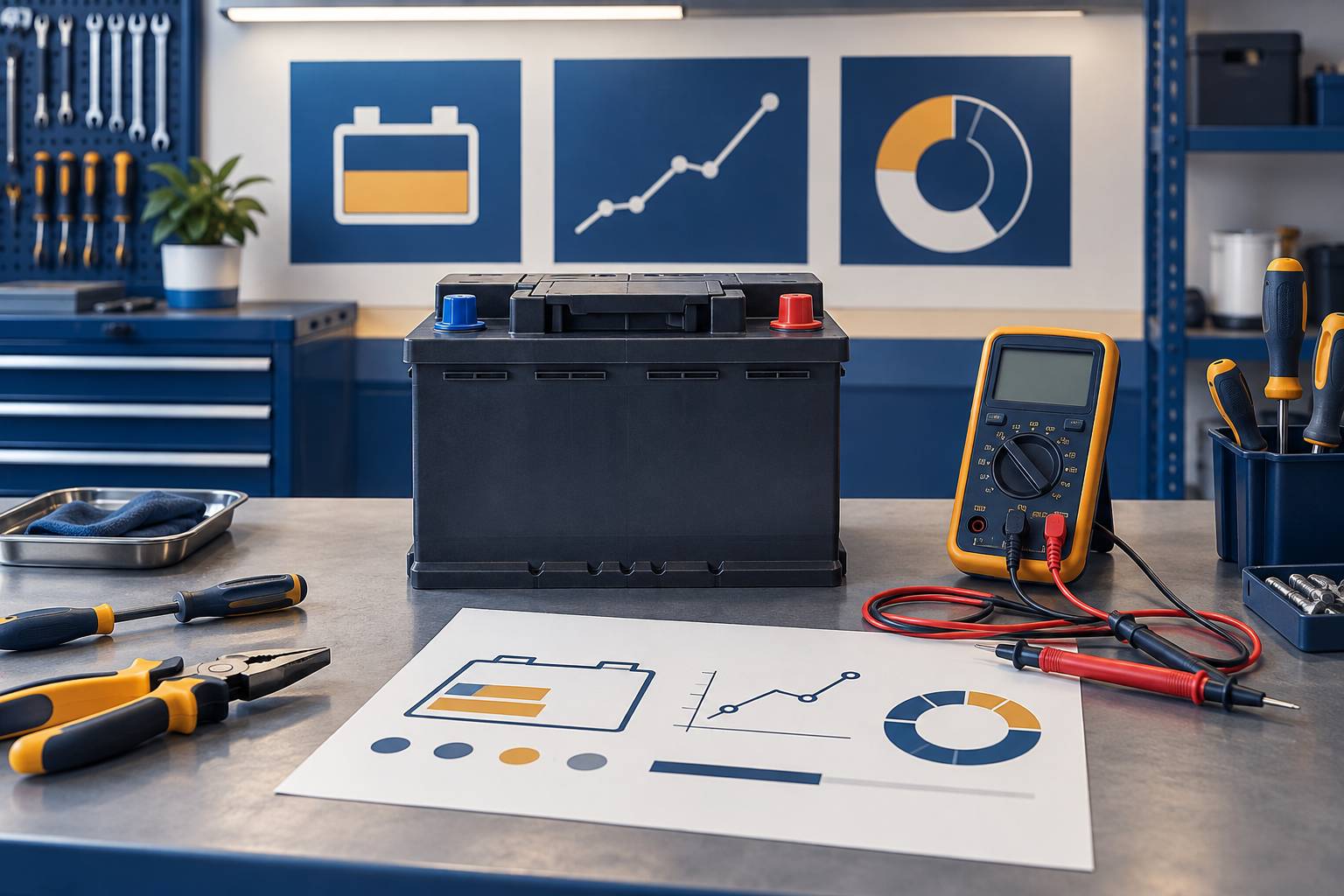 Batterie de voiture et multimetre de diagnostic sur un etabli d'atelier
